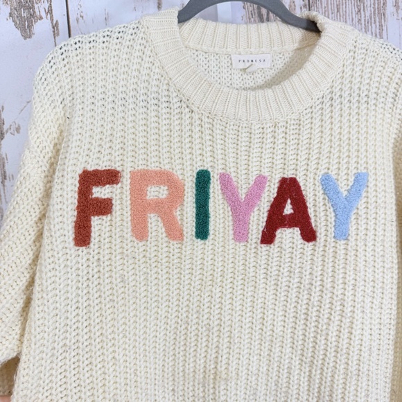 Promesa, Cream Chunky Knit Sweater with Colorful 'FRIYAY'. Size M/L. - Picture 4 of 9